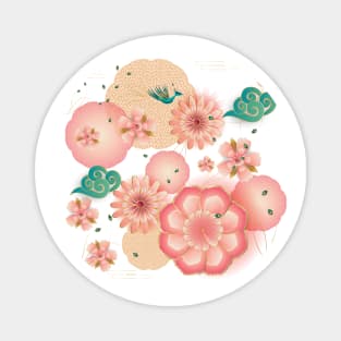 Beautiful floral elegant peony, blossom sakuras, lanterns Spring flowers peacock, pink floral decorative pattern. Cute Birthday Gifts. Chines New Year. Magnet